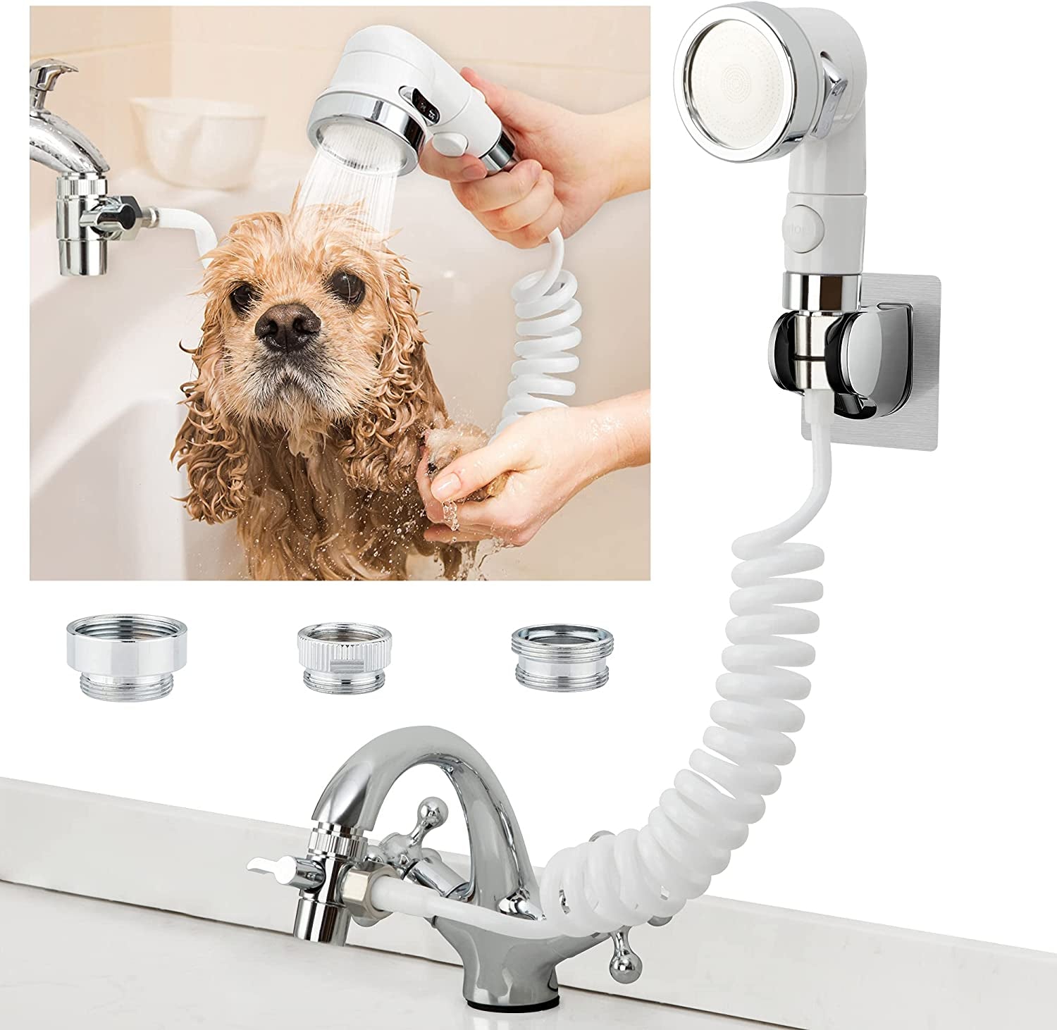 Alcachofa de Ducha Adaptable al Grifo - Manguera Extensible 3m para Bañar Mascotas, Bebés y Uso en Cocina o Baño