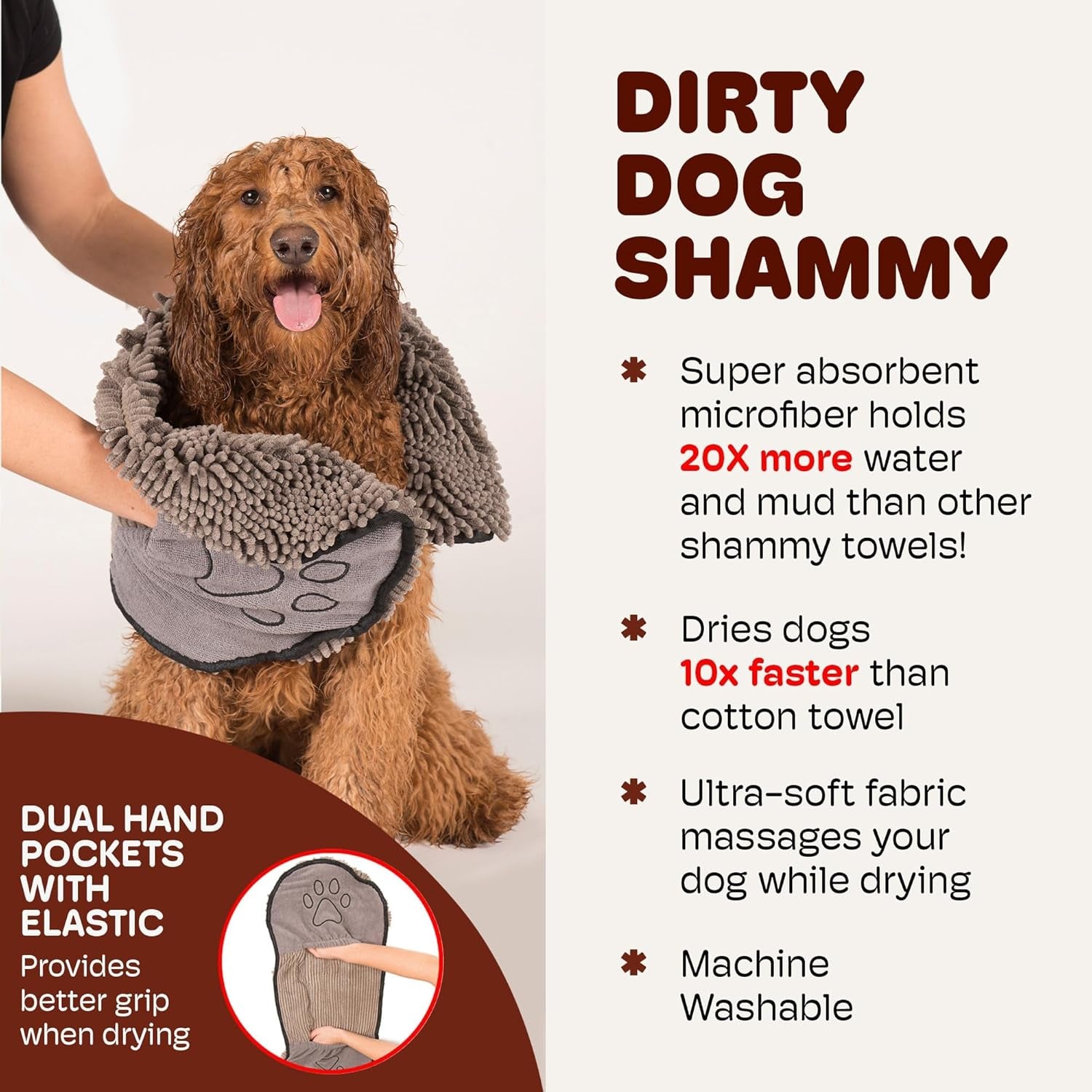 Toalla Ultra Absorbente para Perros - Secado Rápido Antimicrobiana con Bolsillos para las Manos, 79x33 cm, Gris