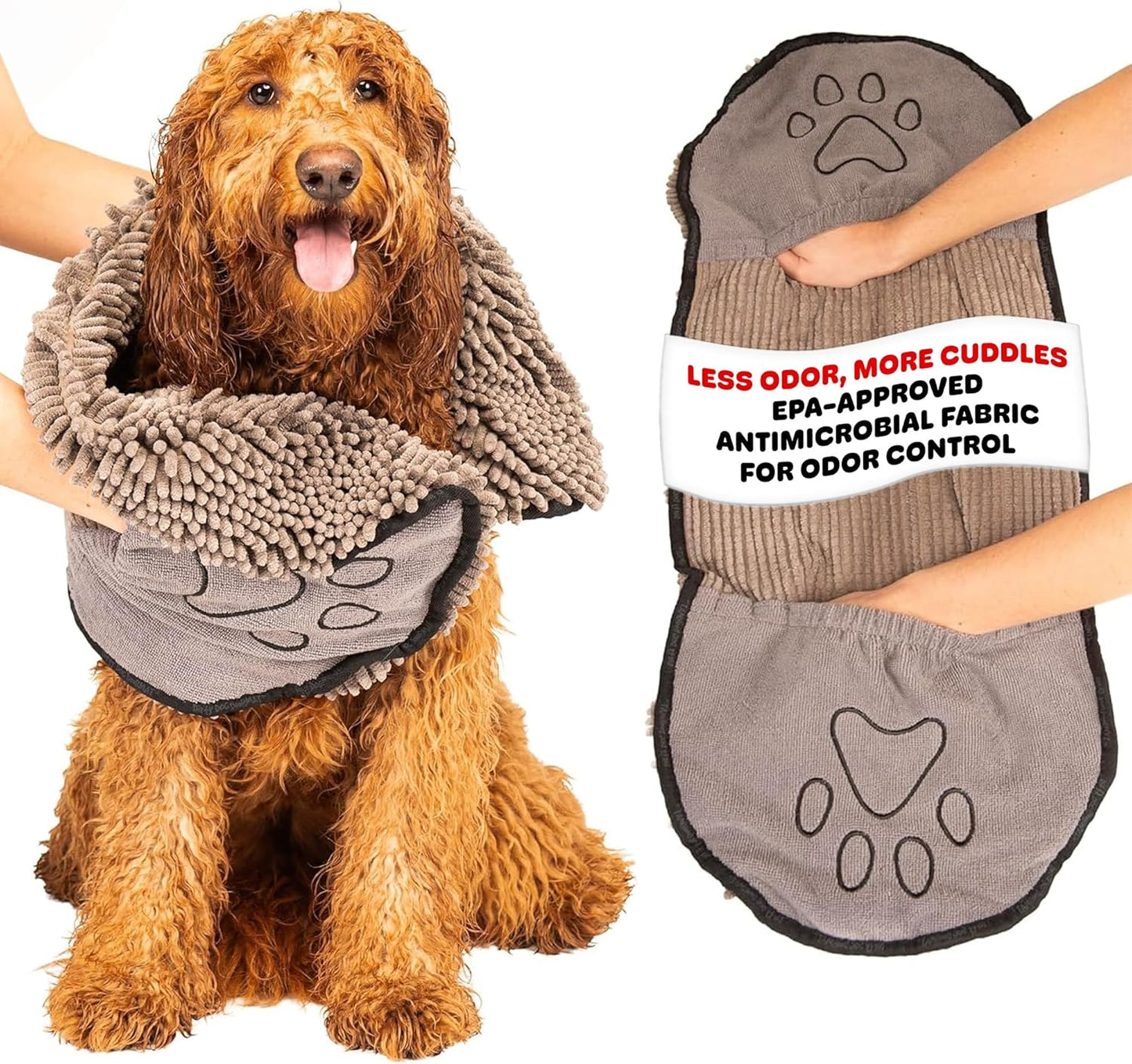 Toalla Ultra Absorbente para Perros - Secado Rápido Antimicrobiana con Bolsillos para las Manos, 79x33 cm, Gris